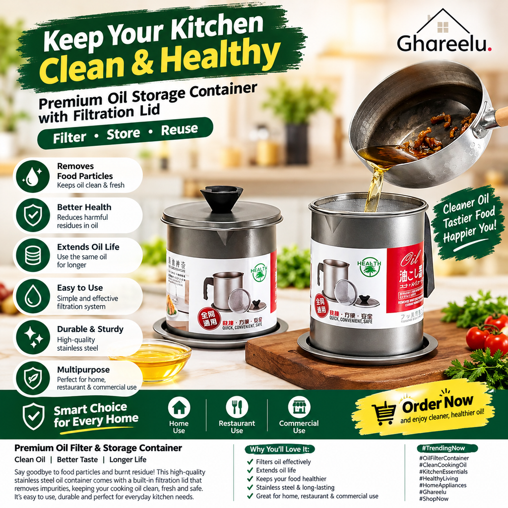 Writing  Stainless Steel Oil Filter & Storage Container – Reusable Cooking Oil Strainer