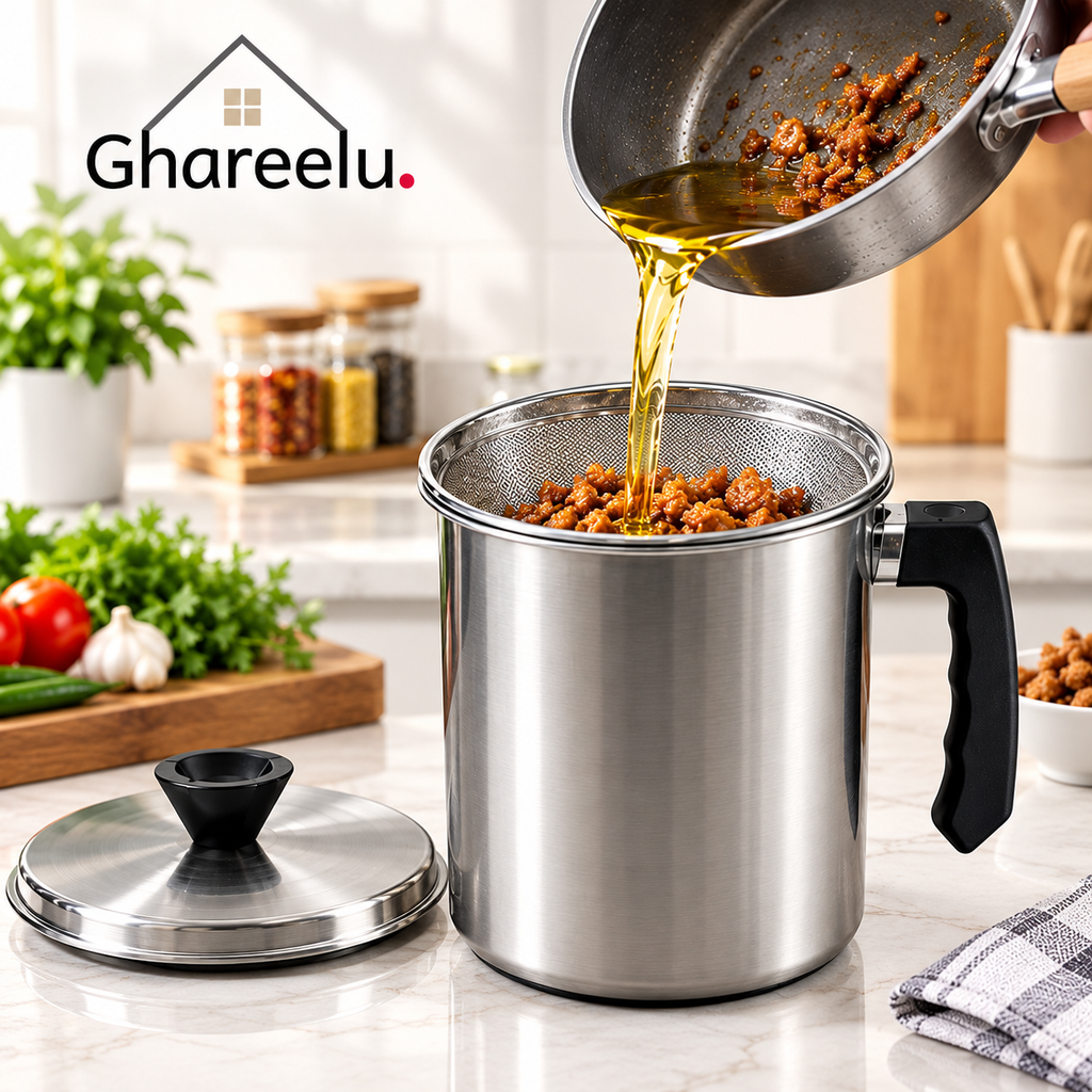 Writing  Stainless Steel Oil Filter & Storage Container – Reusable Cooking Oil Strainer