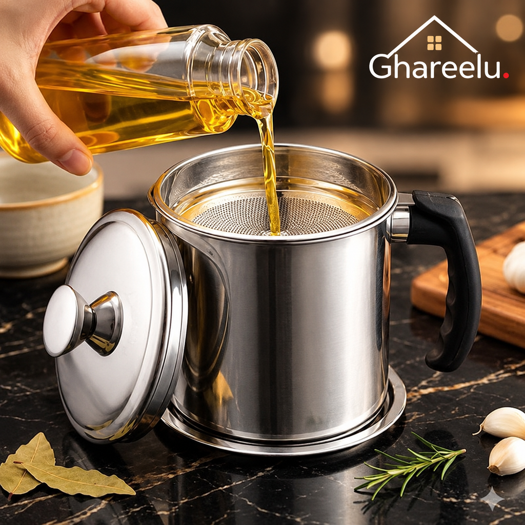 Writing  Stainless Steel Oil Filter & Storage Container – Reusable Cooking Oil Strainer