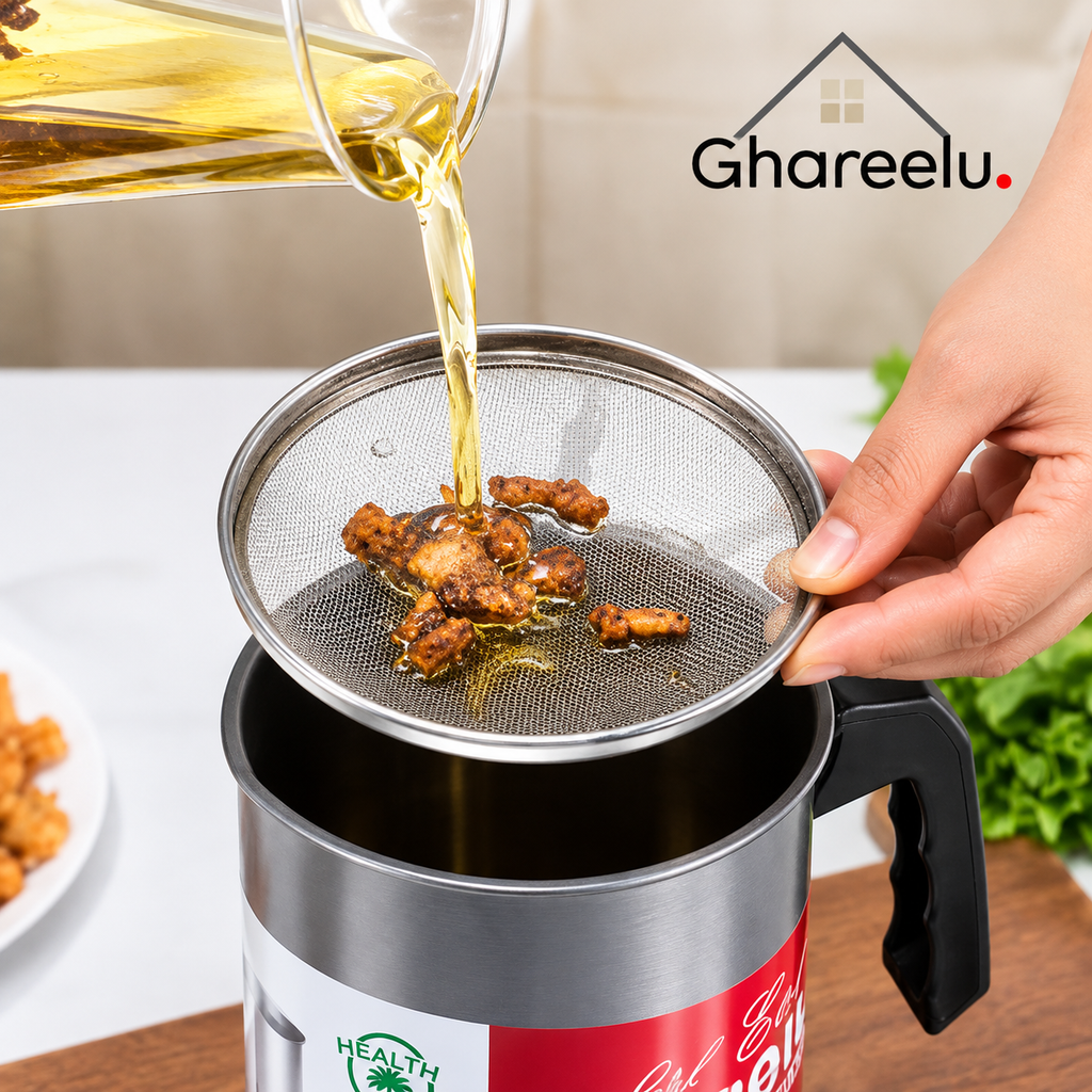 Writing  Stainless Steel Oil Filter & Storage Container – Reusable Cooking Oil Strainer